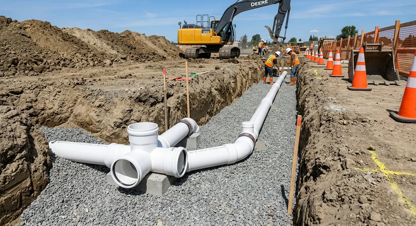 New PVC sewer pipe installation in open trench for Sewer Backup in Greenville